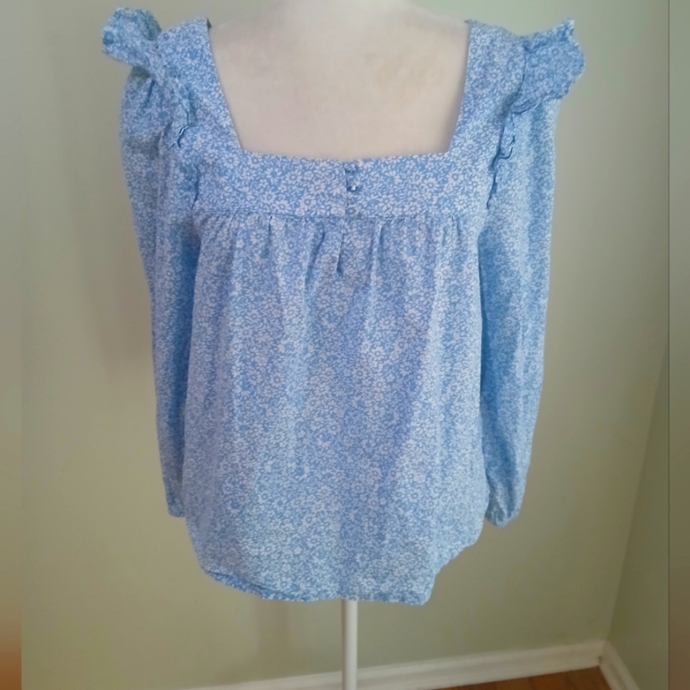 J. Crew Light Blue Floral Ruffle-Shoulder Peasant Blouse